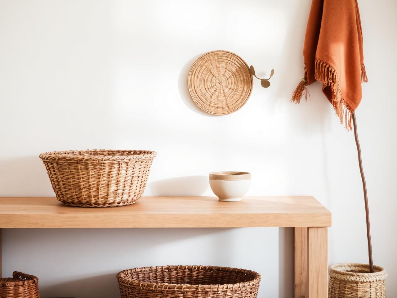 Light oak console table styled with woven baskets, a ceramic bowl, and a terracotta throw