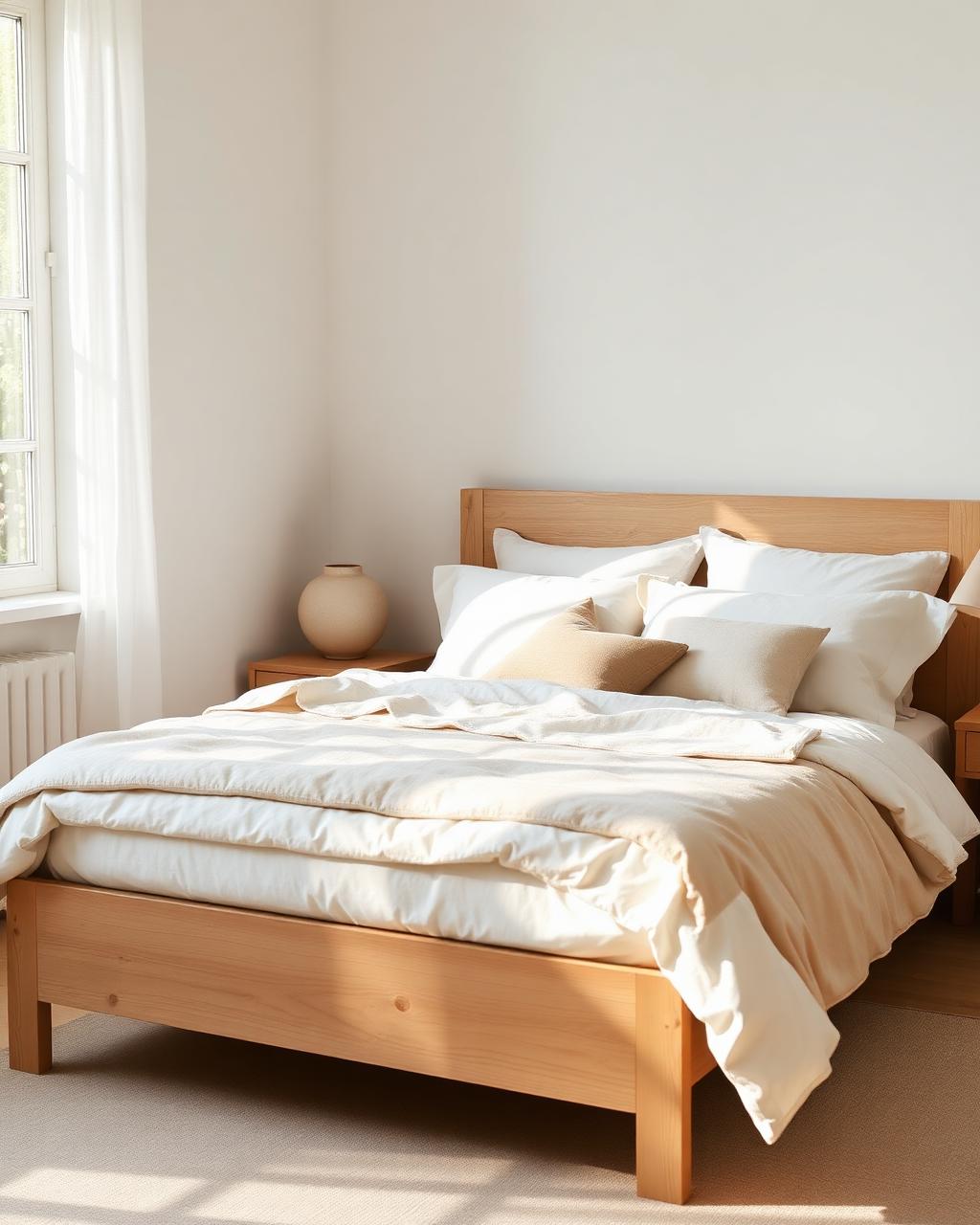 Light oak bed frame dressed in ivory and beige linen bedding in a bright bedroom