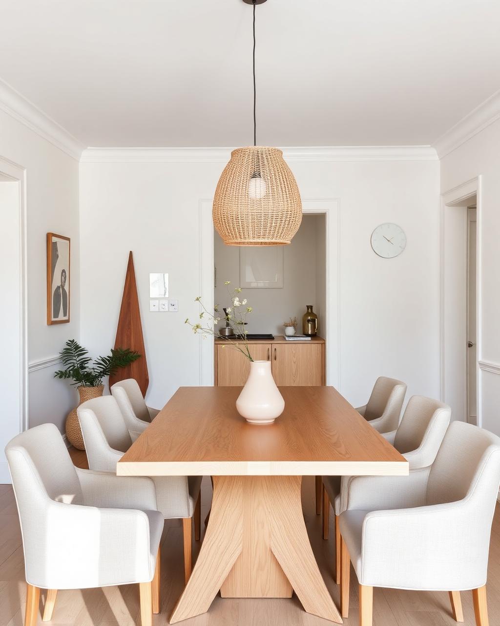 Light oak dining table surrounded by upholstered beige chairs under a woven pendant light